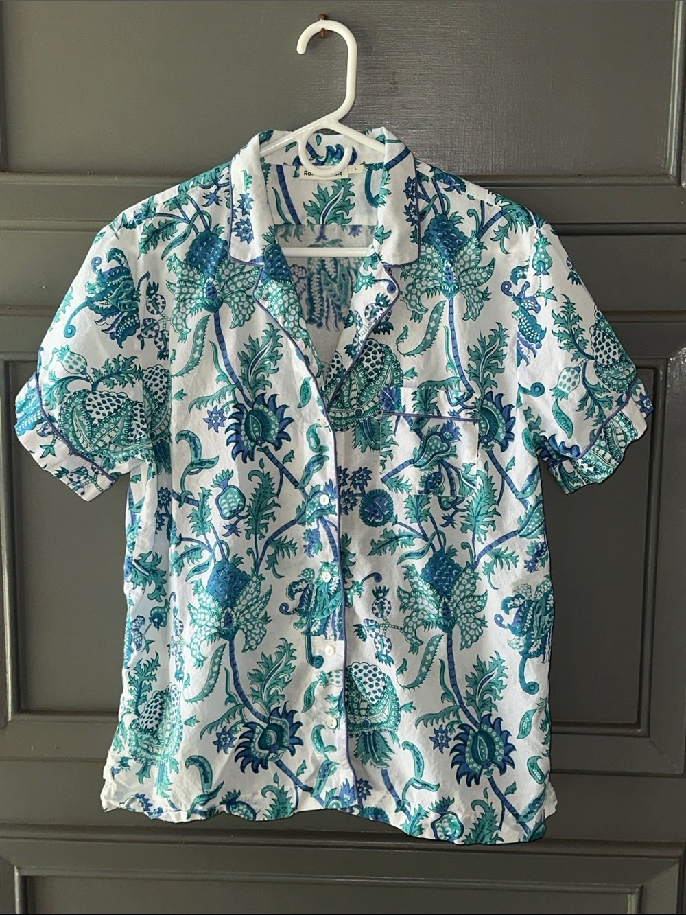 Roller Rabbit Pajama Style White Shirt with Teal and Blue Floral Print